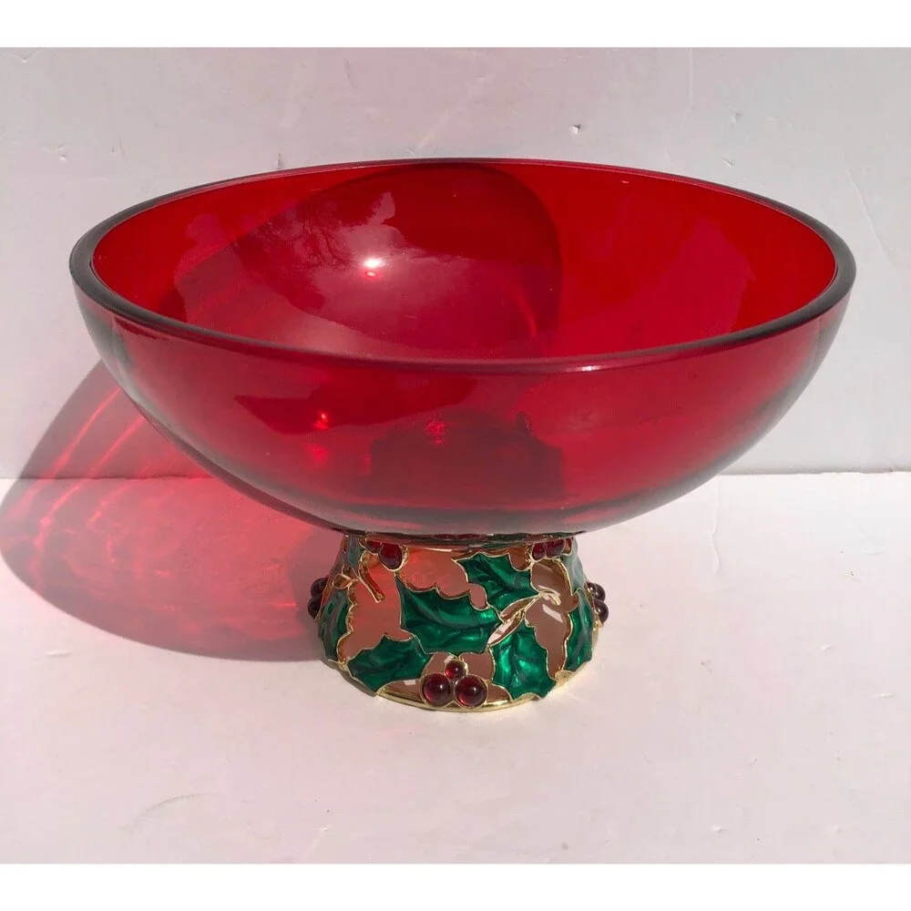 Vintage Ruby Red Glass Holly Berry Christmas Candy Bowl Teleflora Gift footed
